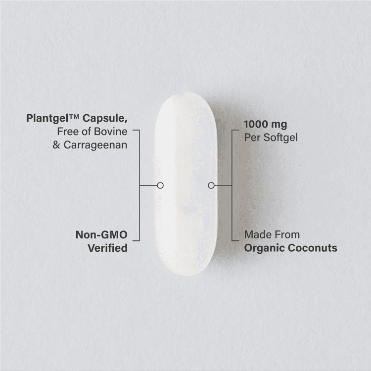 A single Sports Research Virgin Coconut Oil softgel infographic.